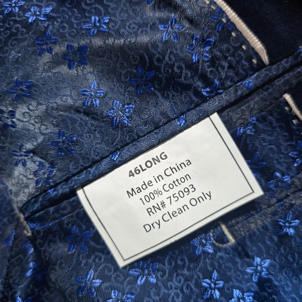 Linea Uomo Velvet Blazer Mens 46L Navy Blue Two Button Floral Lining Long Jacket